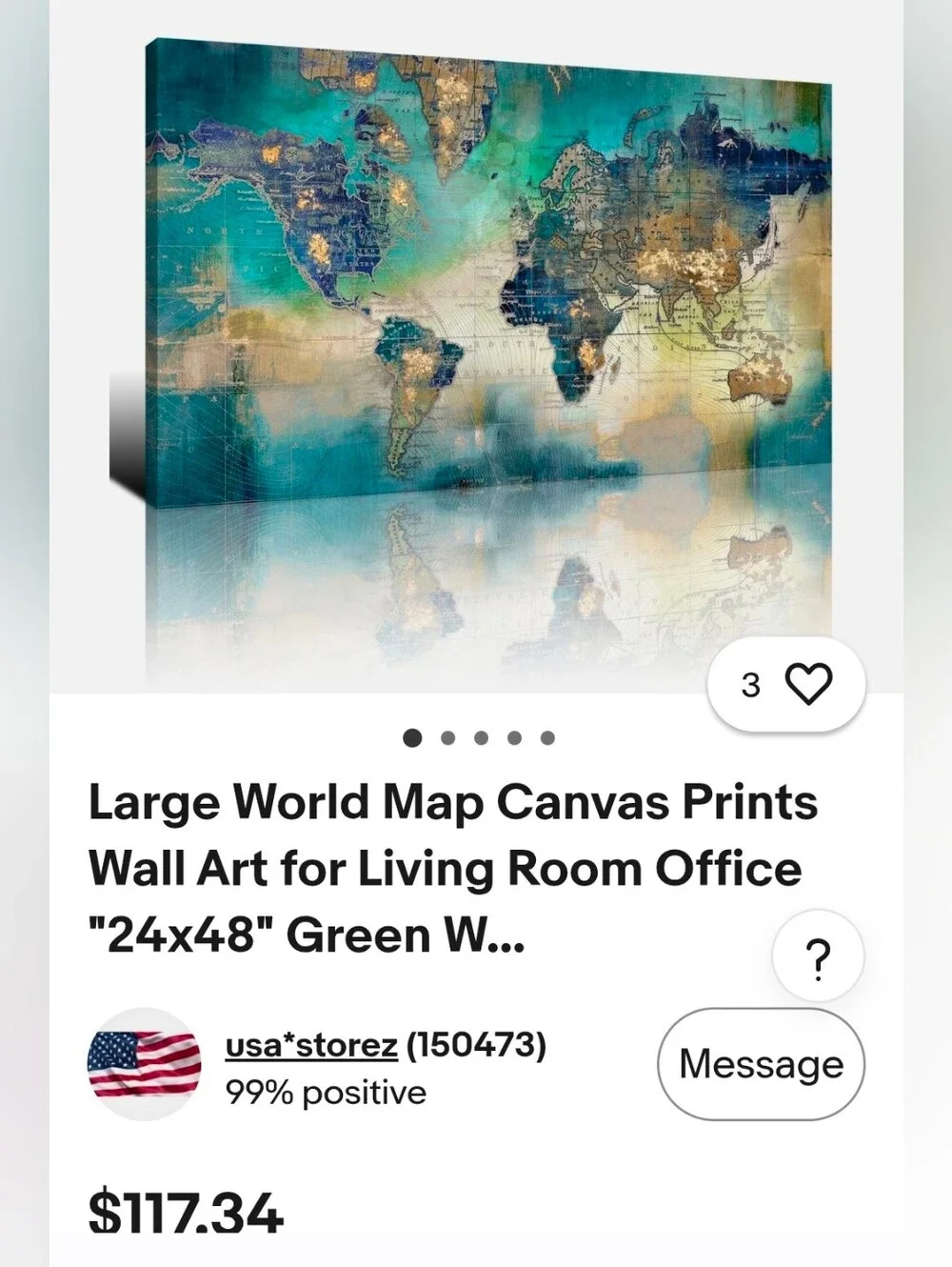 Teal & Gold Abstract World Map Canvas